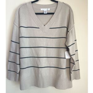 Womens Oversized Striped V Neck Knit Sweater Cotton Blend Preppy Tennis Sz M